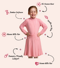 Girls' bamboo long-sleeve turtleneck top in pink with a pink bamboo pleated skirt, offering modest style, soft comfort, and all-day wear.
