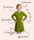Girls' bamboo long-sleeve green dress with a ruffle hem, offering modest style, soft comfort, and all-day wear.