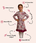 Girls' bamboo long-sleeve floral dress with a ruffle hem, offering modest style, soft comfort, and all-day wear.