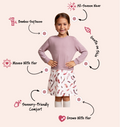 Girls' bamboo sweater dress in light gray with a feather print skirt, offering modest style, soft comfort, and all-day wear.