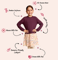 Girls' bamboo sweater dress in purple with a multicolor dot print skirt, offering modest style, soft comfort, and all-day wear.
