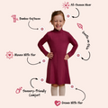 Girls' bamboo long-sleeve turtleneck dress in burgundy, offering modest style, soft comfort, and all-day wear.