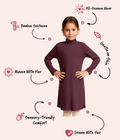 Girls' bamboo long-sleeve turtleneck dress in purple, offering modest style, soft comfort, and all-day wear.