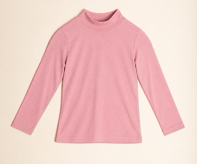 A pink long-sleeve mock neck top laid flat against a light cream background.