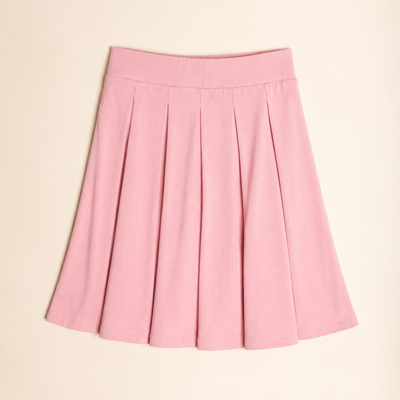 A light pink bamboo pleated mini skirt with a wide waistband, laid flat against a solid cream-colored background.
