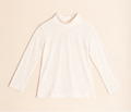 A long-sleeve mock neck top in off-white bamboo, laid flat against a solid beige background.