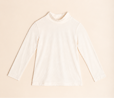 A long-sleeve mock neck top in off-white bamboo, laid flat against a solid beige background.