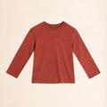 A rust-colored long-sleeve crewneck top laid flat against a light beige background.
