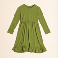 An olive green long-sleeve dress with a gathered waist and ruffled hem, laid flat against a light beige background.
