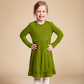 Girls' bamboo long-sleeve green dress with a ruffle hem, offering modest style, soft comfort, and all-day wear.