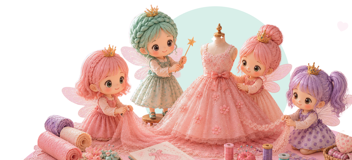 Fairy children gathered around a beautiful pink princess dress